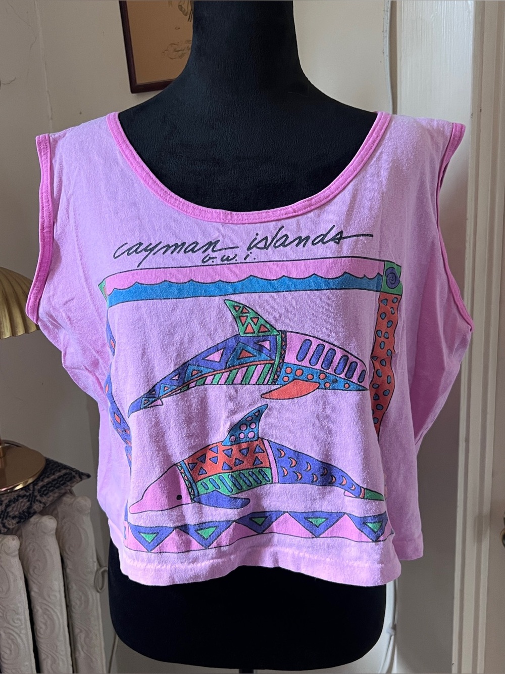 Vtg 90s Stanley Michaels Cayman Islands Dolphin Cropped Tank - Size Large